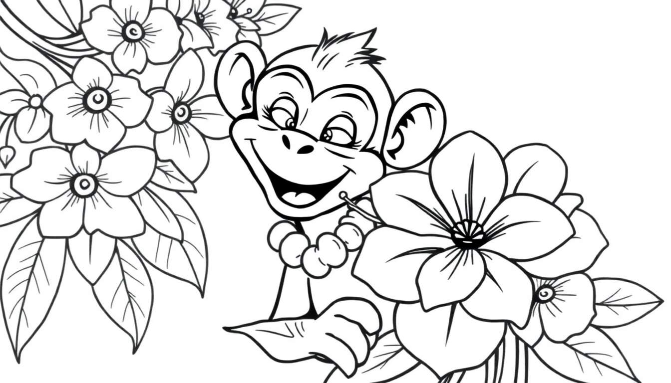 Página para colorear de un mono sonriente con collar de perlas y flores.