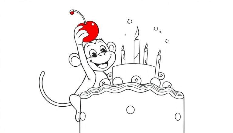 Un mono de dibujos animados feliz está parado junto a un pastel de cumpleaños con velas, sosteniendo una cereza roja en la mano.