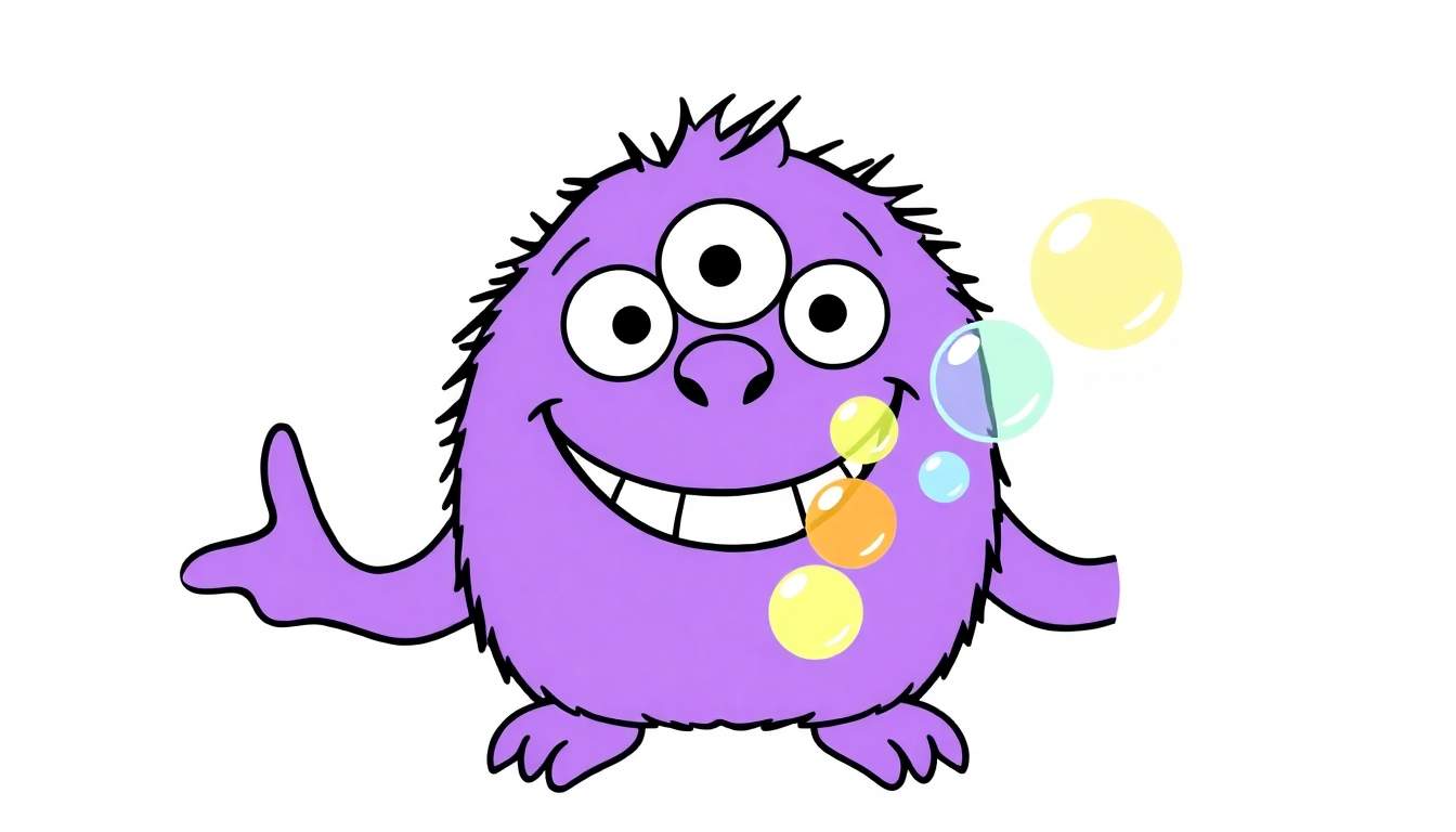 Ilustración en blanco y negro de un monstruo púrpura para colorear, con tres ojos, una gran sonrisa, espinas en la cabeza y burbujas flotando cerca.