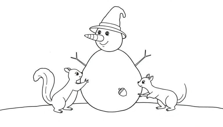 Ilustración lineal para colorear de un muñeco de nieve sonriente con sombrero, nariz de zanahoria y botón de bellota, flanqueado por dos ardillas curiosas. Fondo blanco.