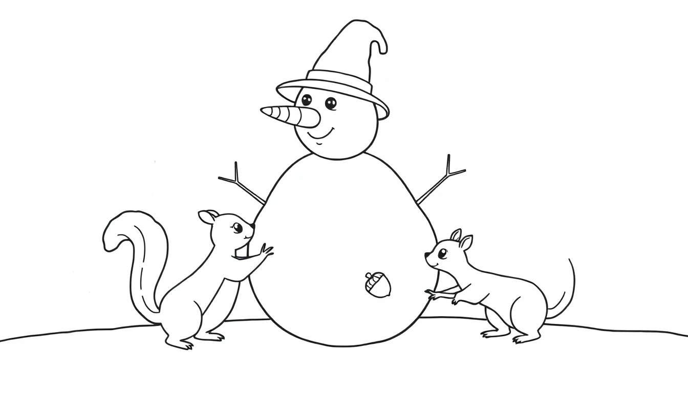 Ilustración lineal para colorear de un muñeco de nieve sonriente con sombrero, nariz de zanahoria y botón de bellota, flanqueado por dos ardillas curiosas. Fondo blanco.