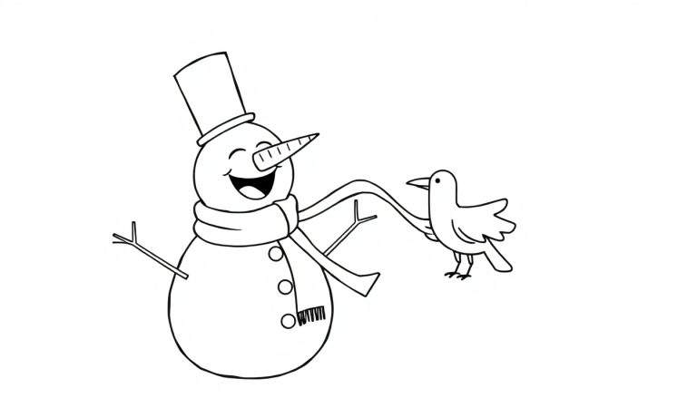 Muñeco de nieve con sombrero de copa, bufanda y nariz de zanahoria, guiñando un ojo, junto a un pájaro que pica su bufanda.