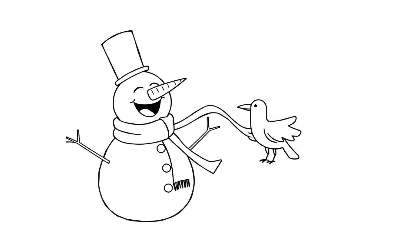 Muñeco de nieve con sombrero de copa, bufanda y nariz de zanahoria, guiñando un ojo, junto a un pájaro que pica su bufanda.