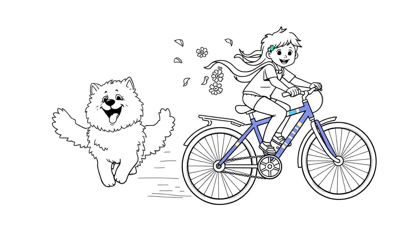 Página para colorear de una niña con cabello suelto andando en bicicleta, un perro feliz corriendo a su lado, flores y pétalos volando.