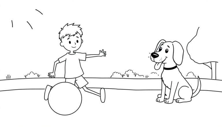 Ilustración para colorear de un niño corriendo con una pelota de fútbol y un perro sentado observándolo, con un sol brillante en el cielo.