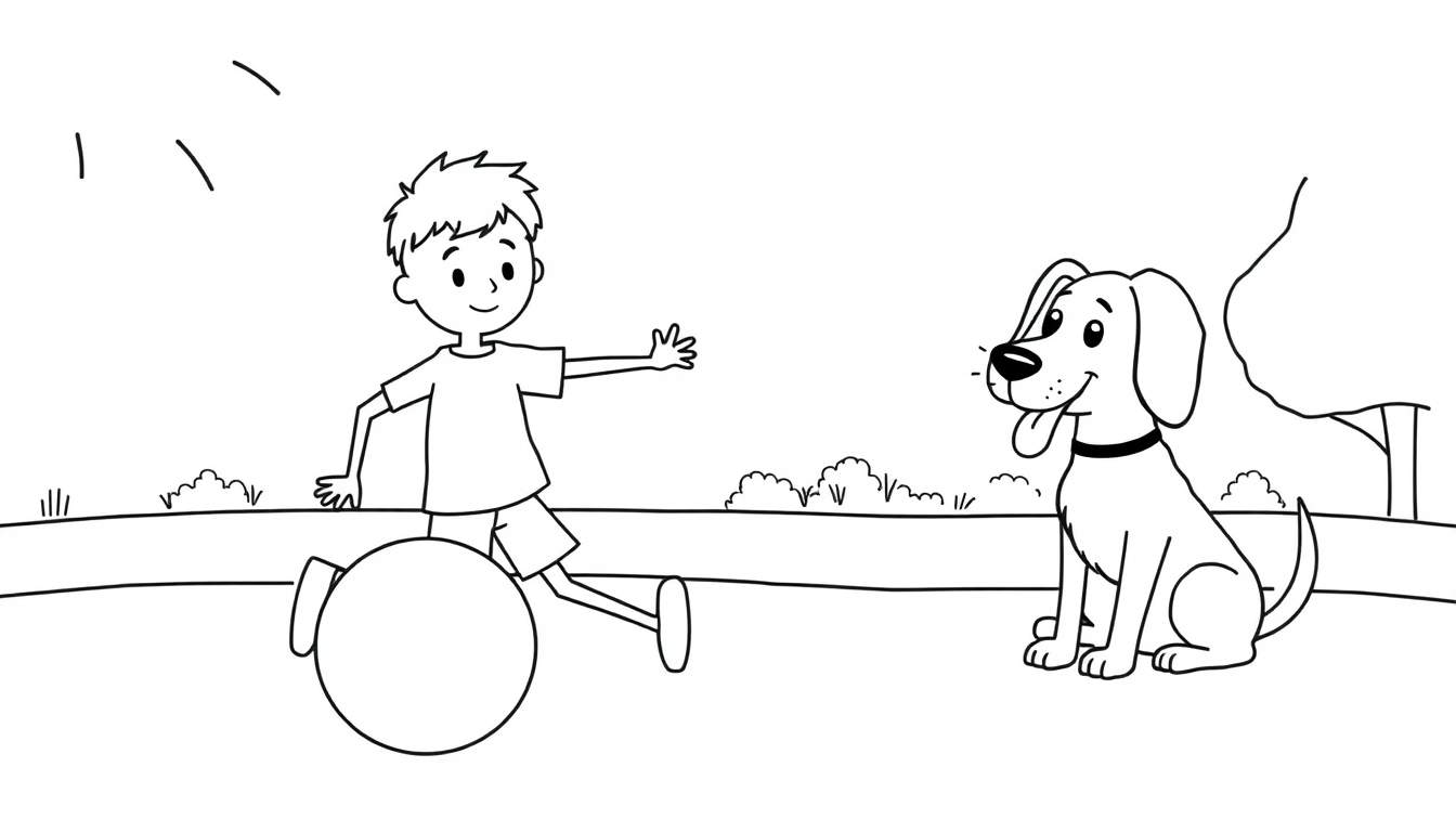 Ilustración para colorear de un niño corriendo con una pelota de fútbol y un perro sentado observándolo, con un sol brillante en el cielo.