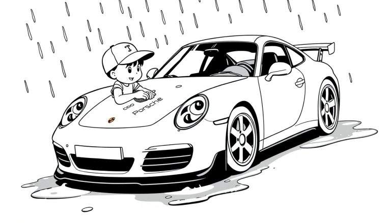 Ilustración en blanco y negro de un niño caricaturizado con una gorra, limpiando un Porsche blanco mojado bajo la lluvia. El niño sostiene una esponja y hay charcos alrededor del coche. El capó tiene escrito 'coo Porsche'.