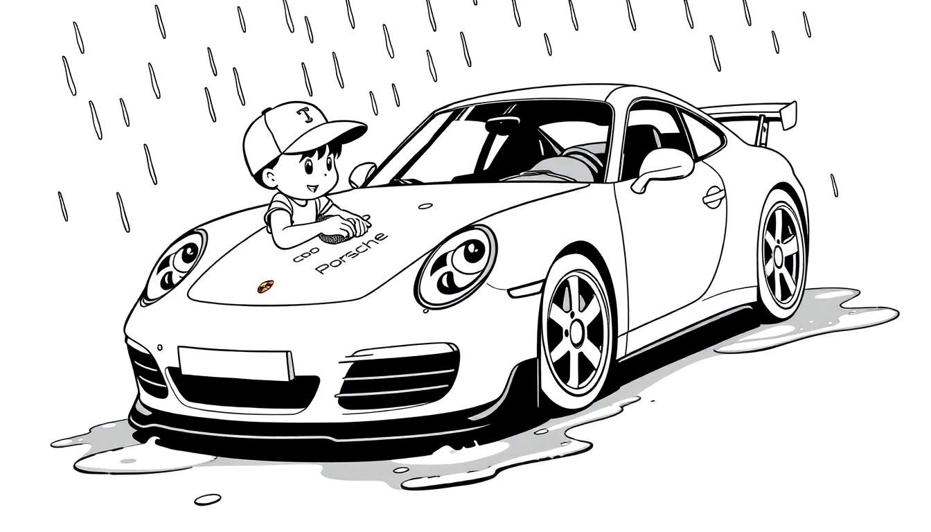 Ilustración en blanco y negro de un niño caricaturizado con una gorra, limpiando un Porsche blanco mojado bajo la lluvia. El niño sostiene una esponja y hay charcos alrededor del coche. El capó tiene escrito 'coo Porsche'.