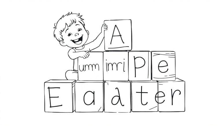 Dibujo lineal para colorear de un niño feliz construyendo una pila de bloques con letras. El bloque superior tiene 'A'.