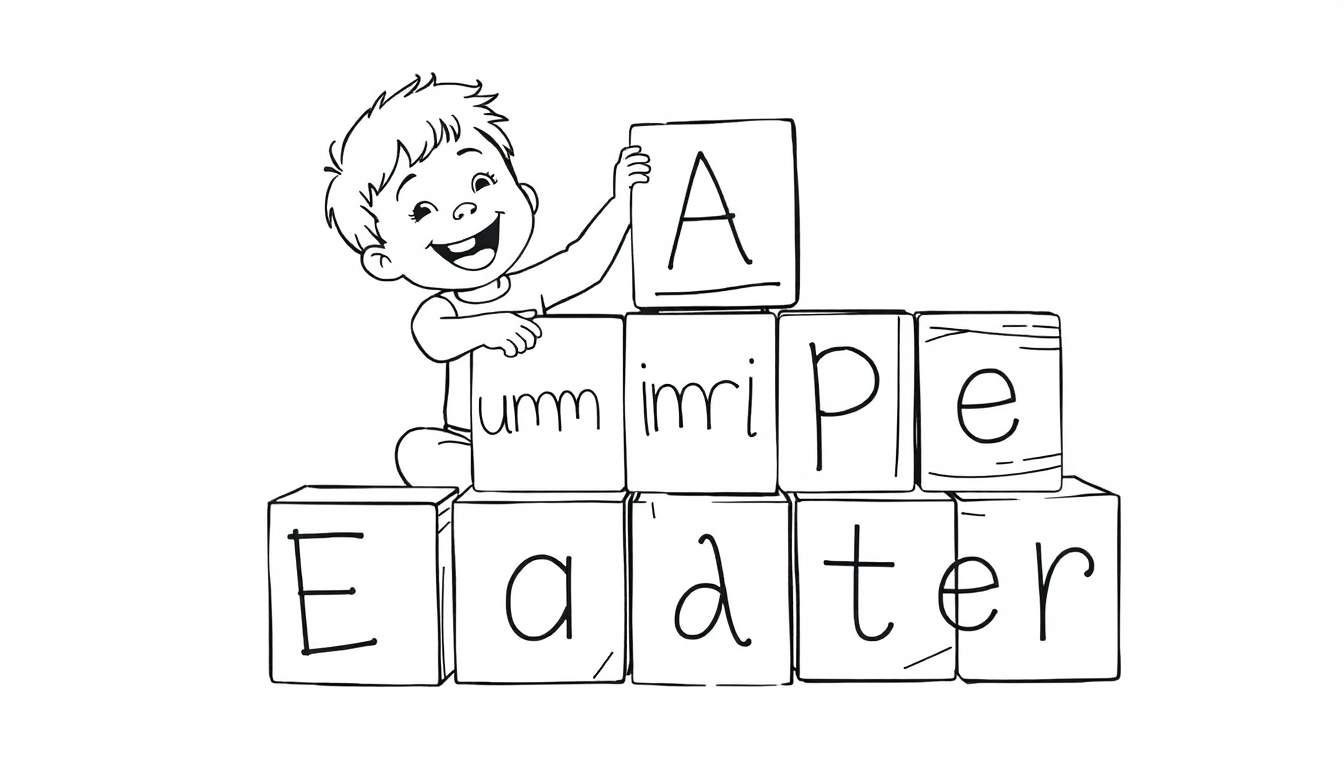 Dibujo lineal para colorear de un niño feliz construyendo una pila de bloques con letras. El bloque superior tiene 'A'.