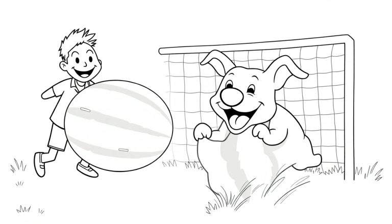 Dibujo para colorear de un niño feliz corriendo con una pelota de sandía, mientras un perro animado lo persigue hacia una portería de fútbol.