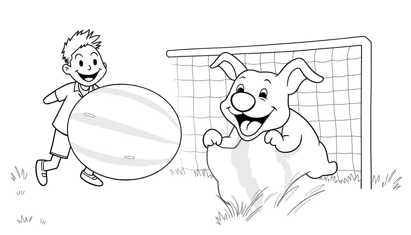 Dibujo para colorear de un niño feliz corriendo con una pelota de sandía, mientras un perro animado lo persigue hacia una portería de fútbol.