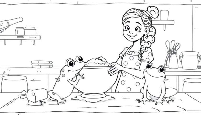 Ilustración para colorear de una niña mezclando masa en un cuenco grande, con tres ranas observándola y utensilios de cocina al fondo.