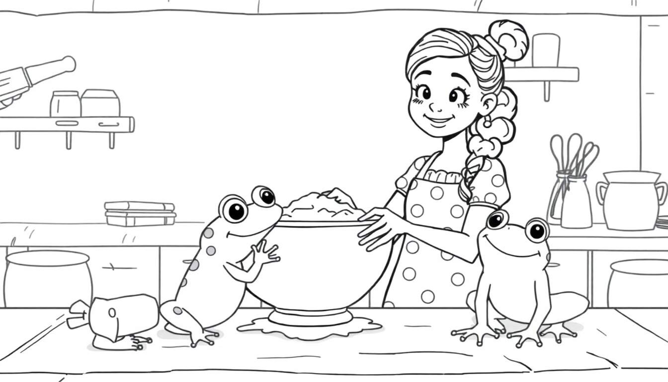 Ilustración para colorear de una niña mezclando masa en un cuenco grande, con tres ranas observándola y utensilios de cocina al fondo.