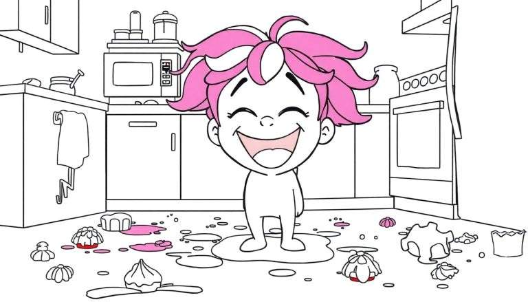 Niña con pelo rosa y blanco despeinado riendo a carcajadas en medio de una cocina desordenada, parada sobre un charco de líquido rosado. Hay moldes para pasteles y salpicaduras en el suelo.