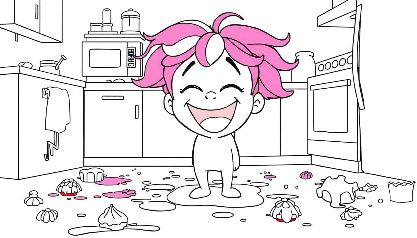Niña con pelo rosa y blanco despeinado riendo a carcajadas en medio de una cocina desordenada, parada sobre un charco de líquido rosado. Hay moldes para pasteles y salpicaduras en el suelo.