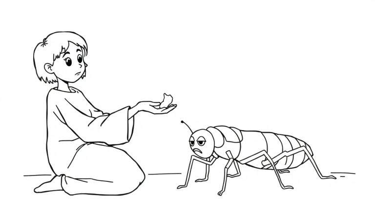 Página para colorear de una niña arrodillada con comida en la mano mirando a un saltamontes triste.
