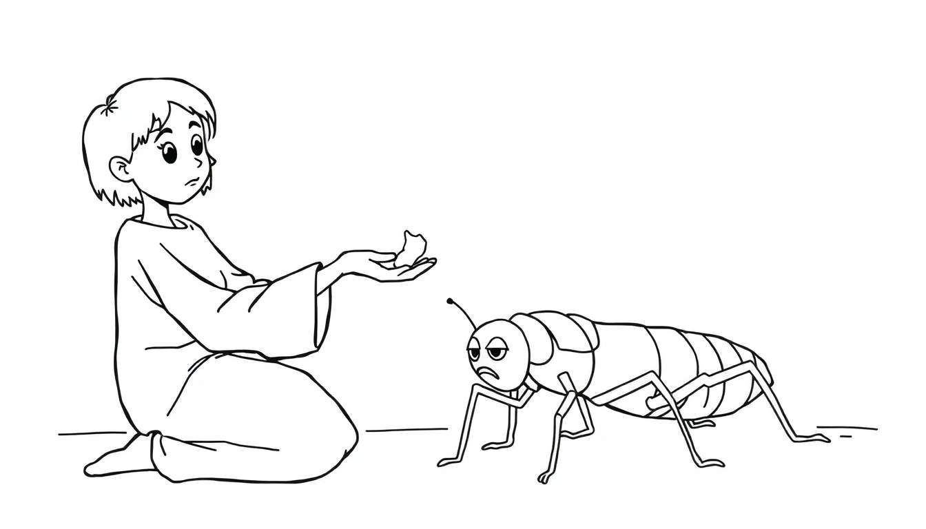Página para colorear de una niña arrodillada con comida en la mano mirando a un saltamontes triste.