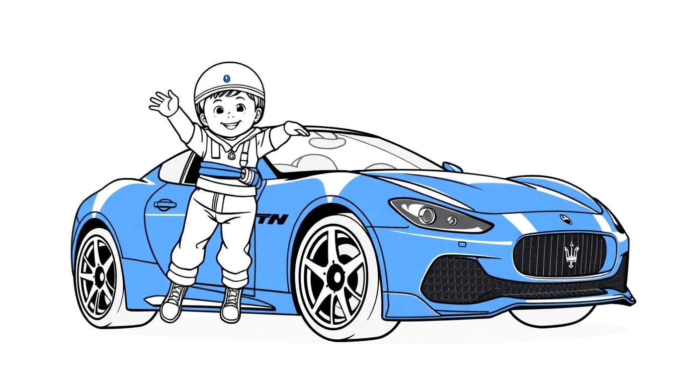 Página para colorear de un niño saludando al lado de un coche deportivo Maserati azul claro con rayas blancas.