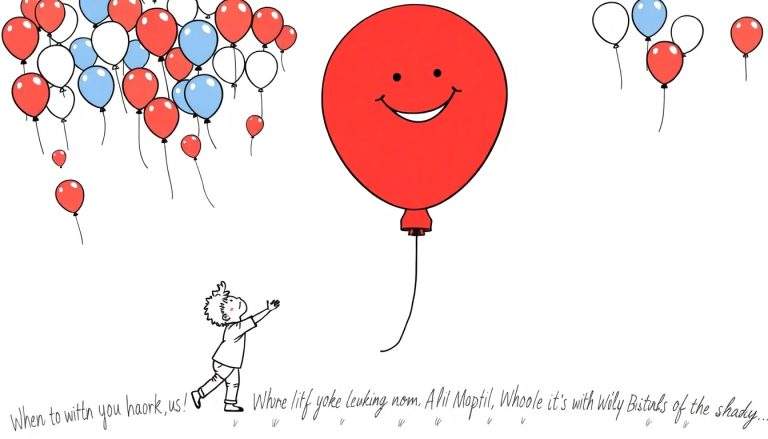 Ilustración en blanco y negro de un niño intentando atrapar un globo rojo grande y sonriente, rodeado de globos rojos, blancos y azules flotando.