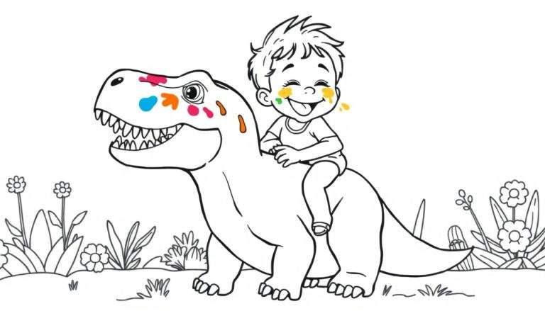 Página para colorear de un niño pintado en la cara montando un dinosaurio rodeado de flores y hierba.