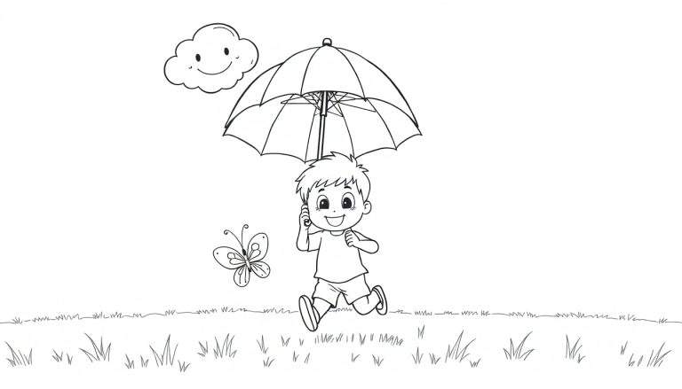 Página para colorear: Niño sonriente con paraguas, nube feliz y mariposa en un campo de hierba.