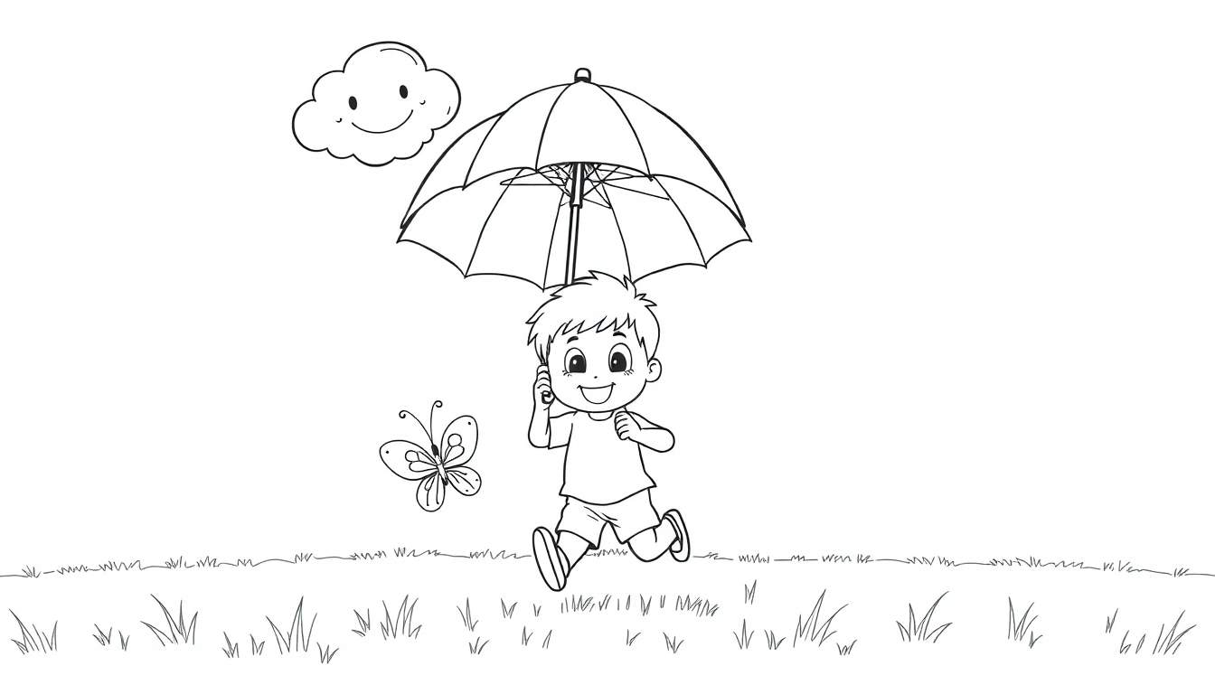 Página para colorear: Niño sonriente con paraguas, nube feliz y mariposa en un campo de hierba.