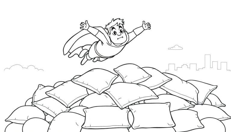 Dibujo lineal para colorear de un niño con capa volando sobre almohadas, con silueta de ciudad al fondo.