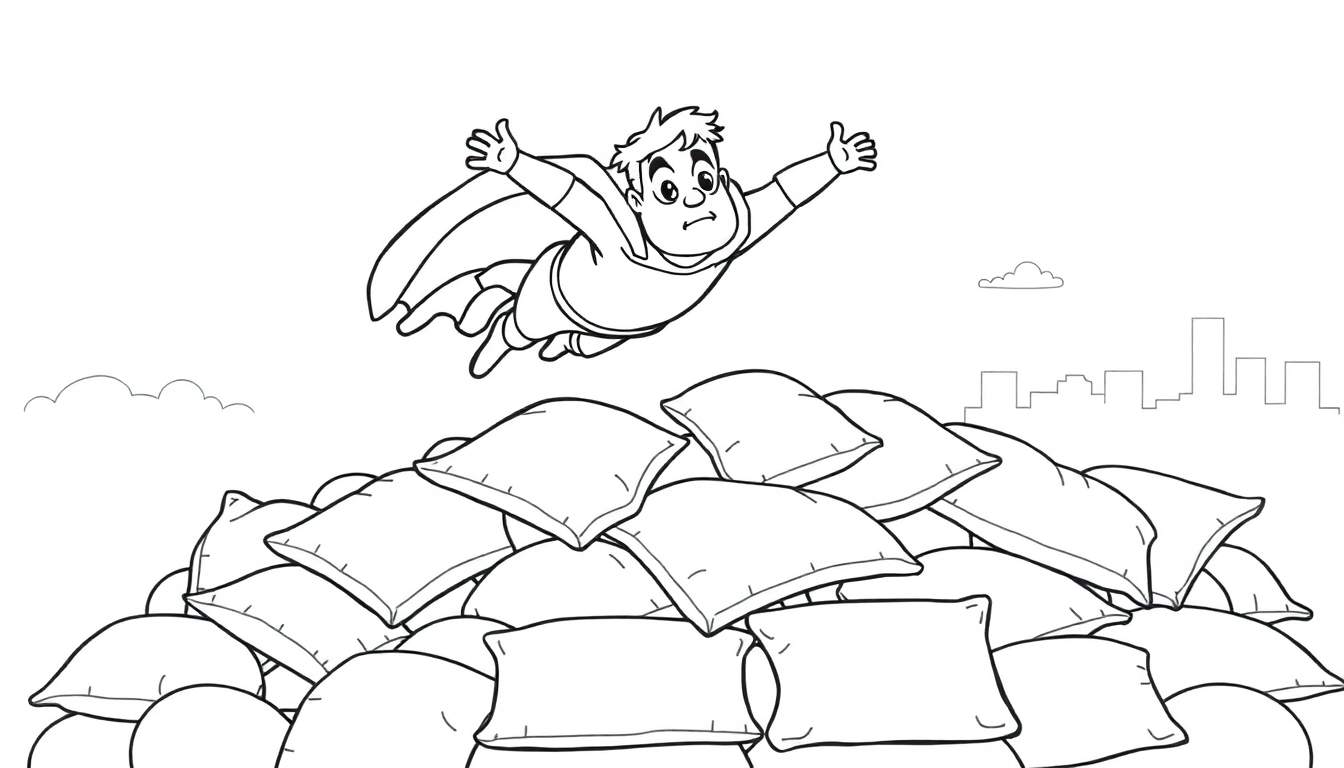 Dibujo lineal para colorear de un niño con capa volando sobre almohadas, con silueta de ciudad al fondo.