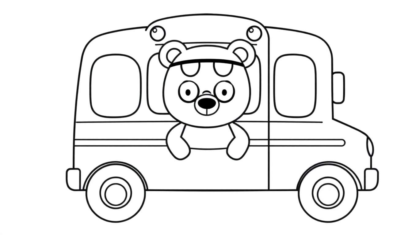 Dibujo lineal de un oso feliz conduciendo un autobús escolar amarillo, listo para ser coloreado.