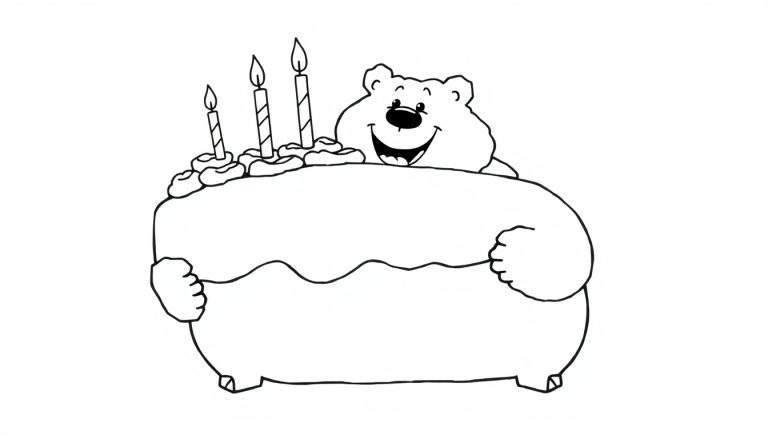 Oso de dibujos animados sonriendo y sosteniendo un pastel de cumpleaños con velas encendidas, listo para colorear.