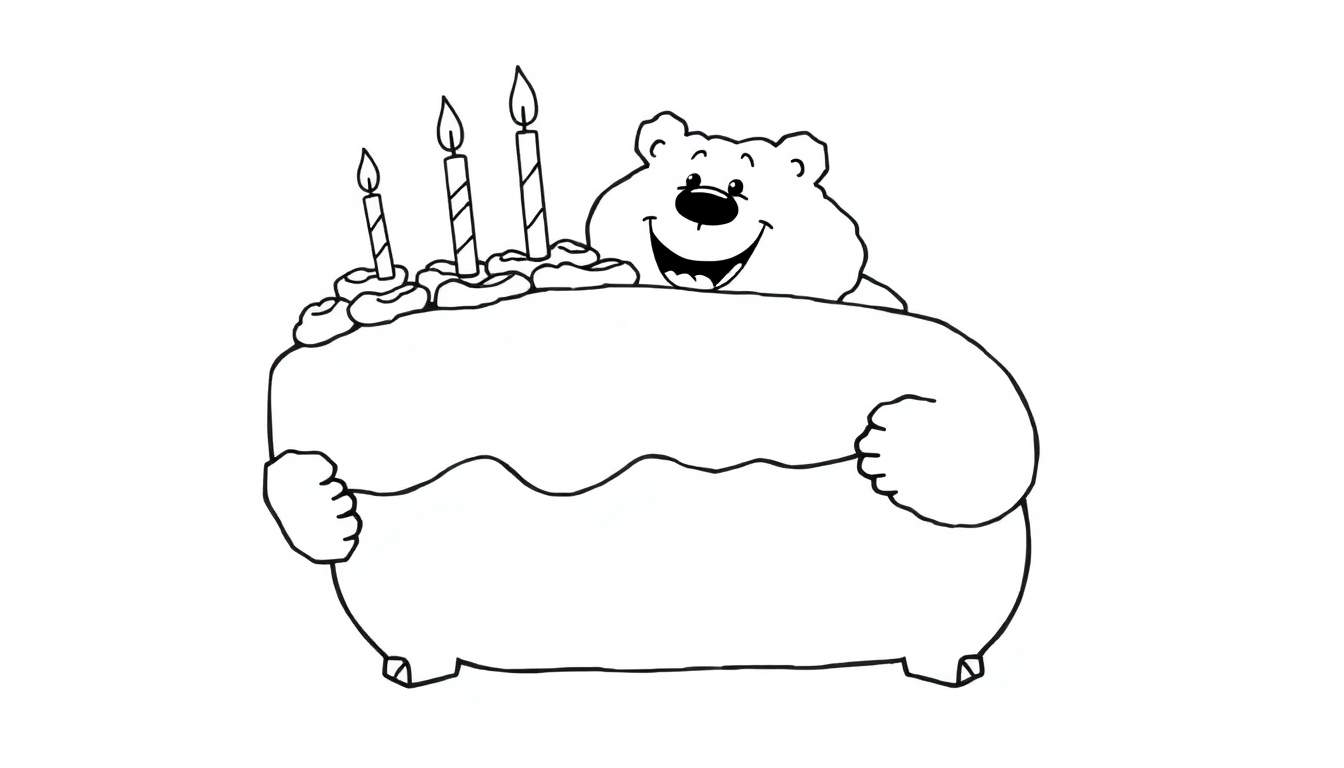 Oso de dibujos animados sonriendo y sosteniendo un pastel de cumpleaños con velas encendidas, listo para colorear.