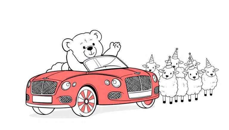Oso de peluche conduciendo un coche deportivo rojo y saludando, con ovejas con sombreros de fiesta en el fondo.