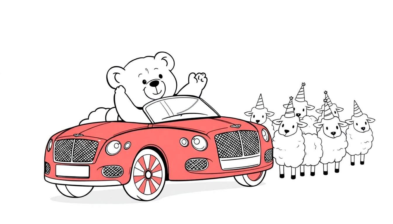 Oso de peluche conduciendo un coche deportivo rojo y saludando, con ovejas con sombreros de fiesta en el fondo.