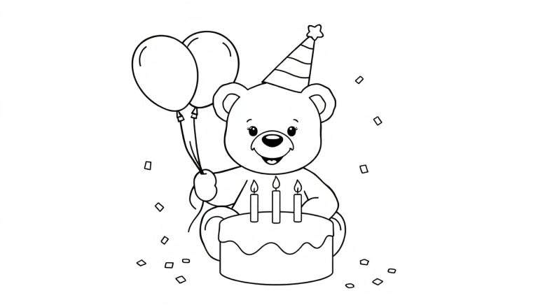 Oso de peluche con gorro de fiesta sosteniendo globos, frente a un pastel de cumpleaños con tres velas encendidas y confeti esparcido.
