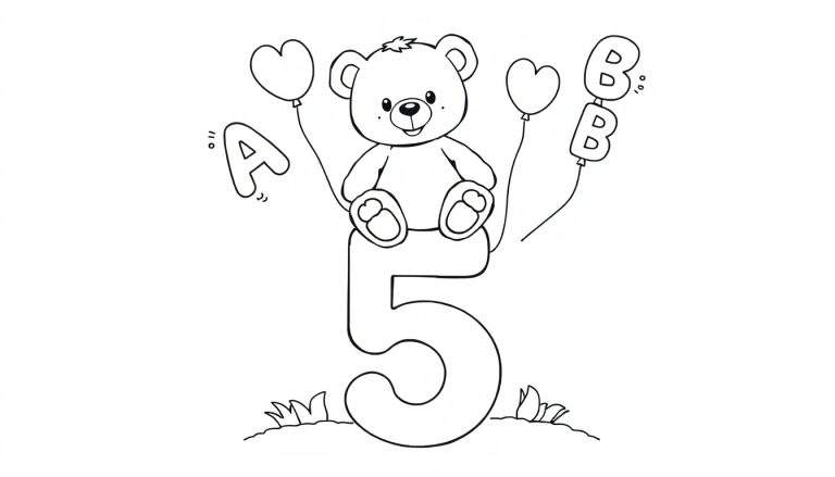 Oso de peluche sentado en el número 5 con globos, incluyendo uno en forma de corazón y las letras 'BB'.