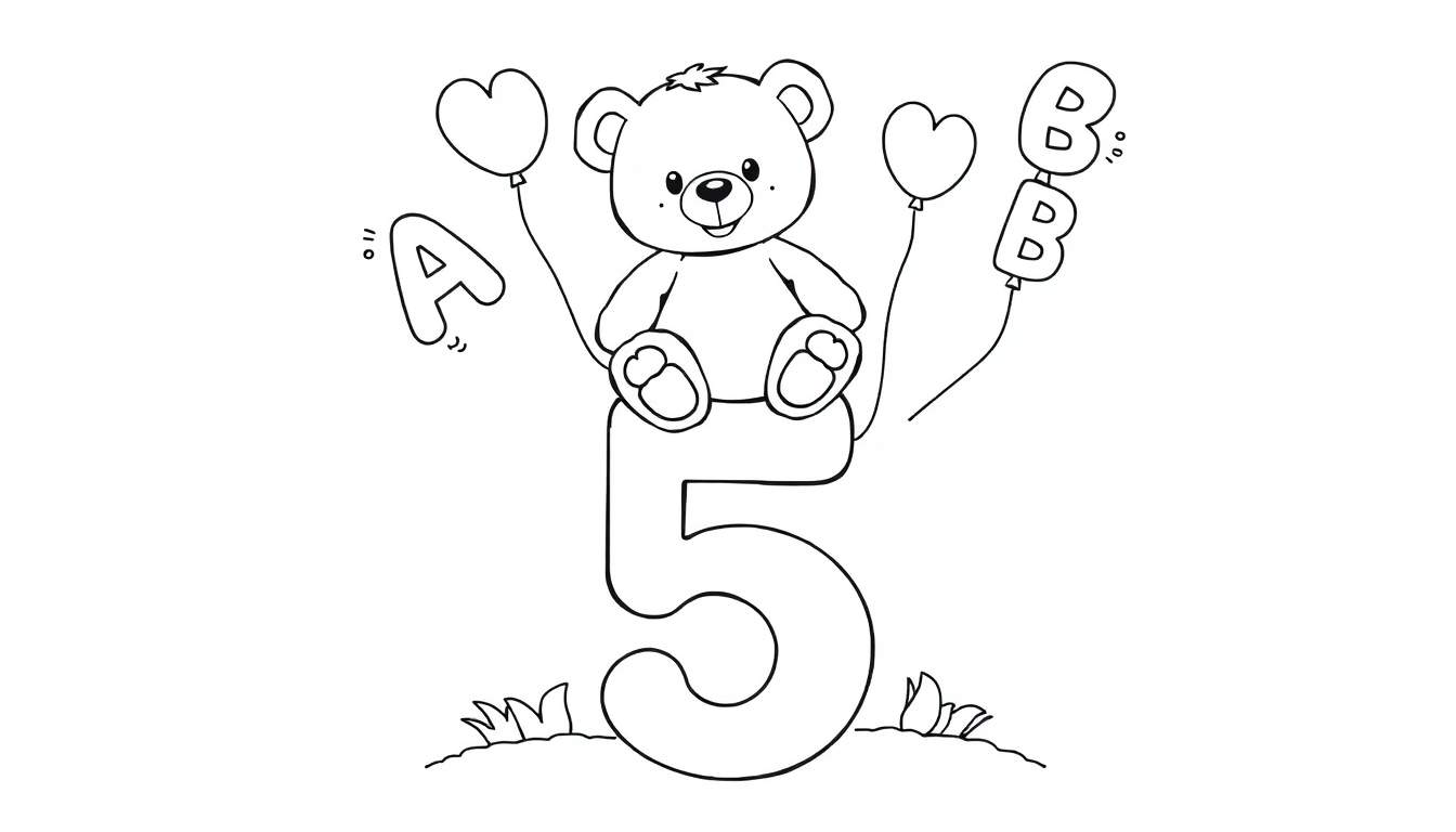 Oso de peluche sentado en el número 5 con globos, incluyendo uno en forma de corazón y las letras 'BB'.
