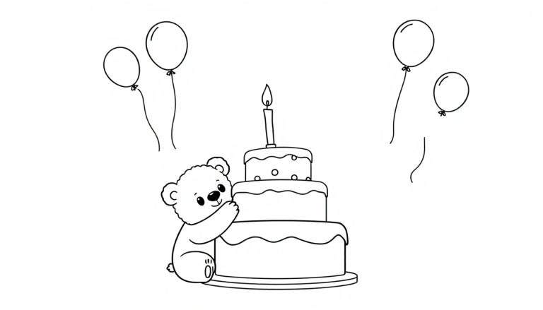 Página para colorear de un oso de peluche abrazando un pastel de cumpleaños con globos.