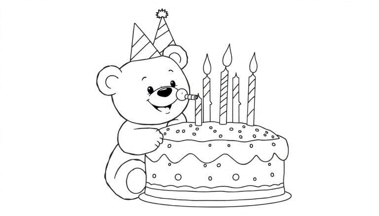 Dibujo a blanco y negro de un oso de peluche con gorro de fiesta y matasuegras junto a un pastel de cumpleaños con velas, listo para colorear.