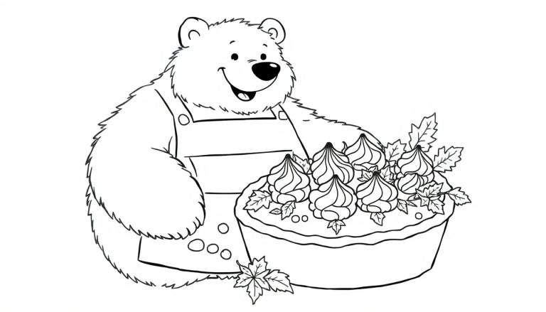 Dibujo en blanco y negro de un oso de peluche con delantal sosteniendo un pastel decorado con merengues y hojas, listo para colorear.