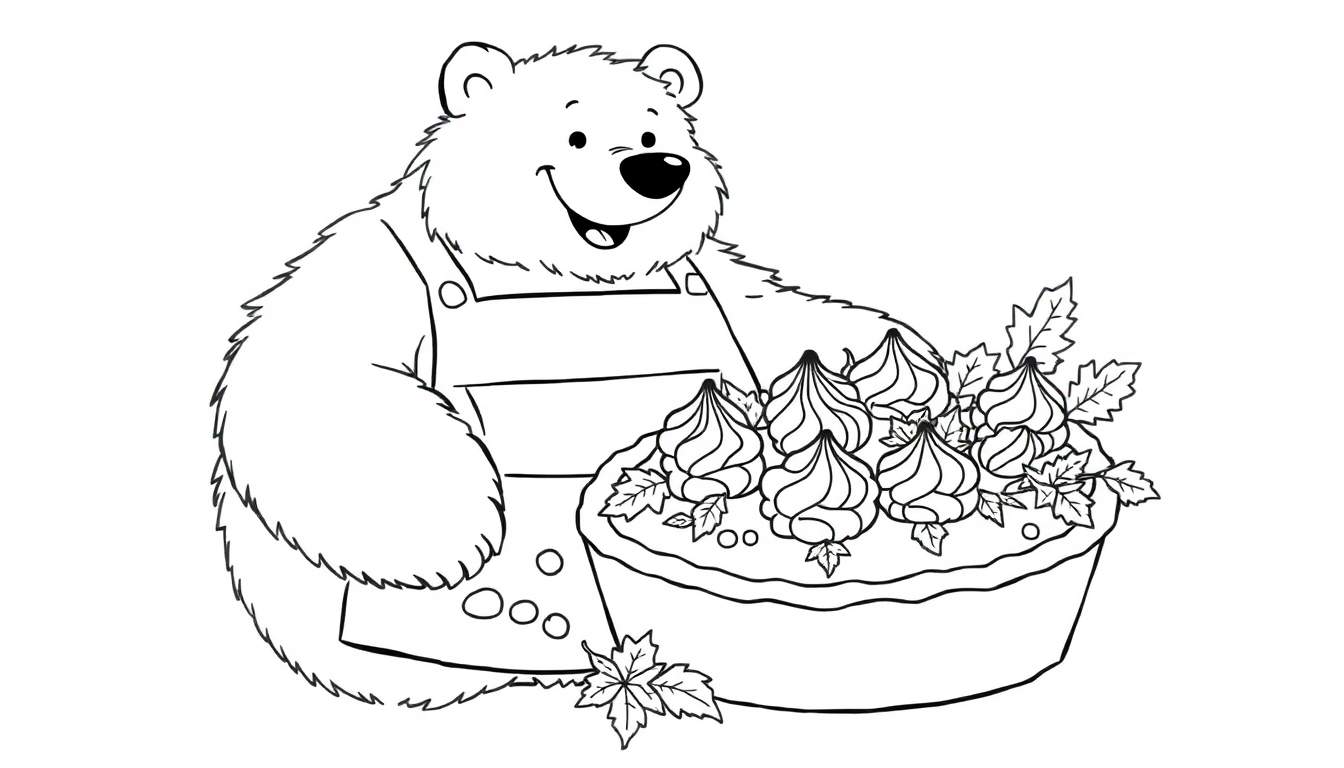 Dibujo en blanco y negro de un oso de peluche con delantal sosteniendo un pastel decorado con merengues y hojas, listo para colorear.