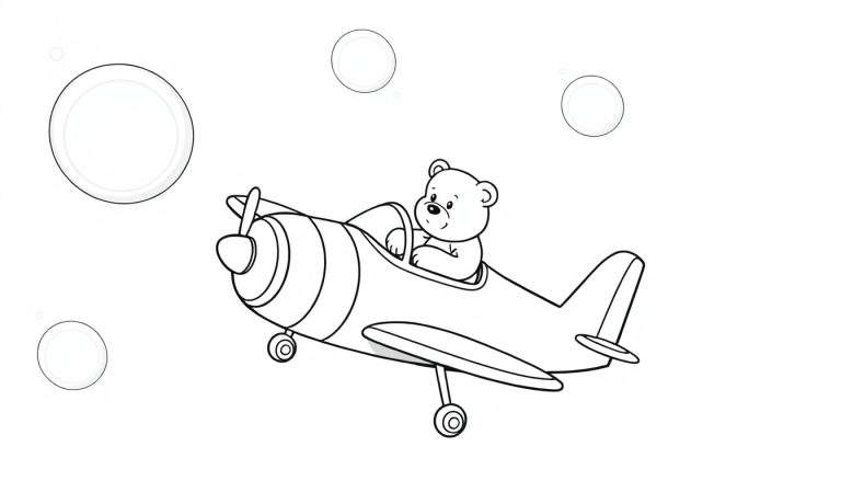 Dibujo lineal de un oso de peluche conduciendo un avión, con burbujas o nubes en el fondo, listo para colorear.