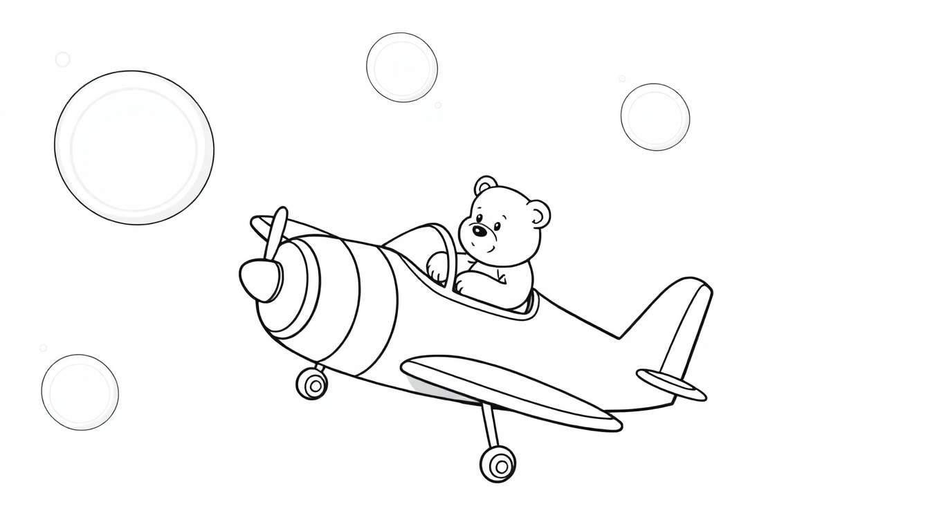 Dibujo lineal de un oso de peluche conduciendo un avión, con burbujas o nubes en el fondo, listo para colorear.
