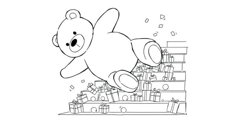 Página para colorear de un oso de peluche cayendo entre escaleras y cajas de regalo, con confeti en el aire.