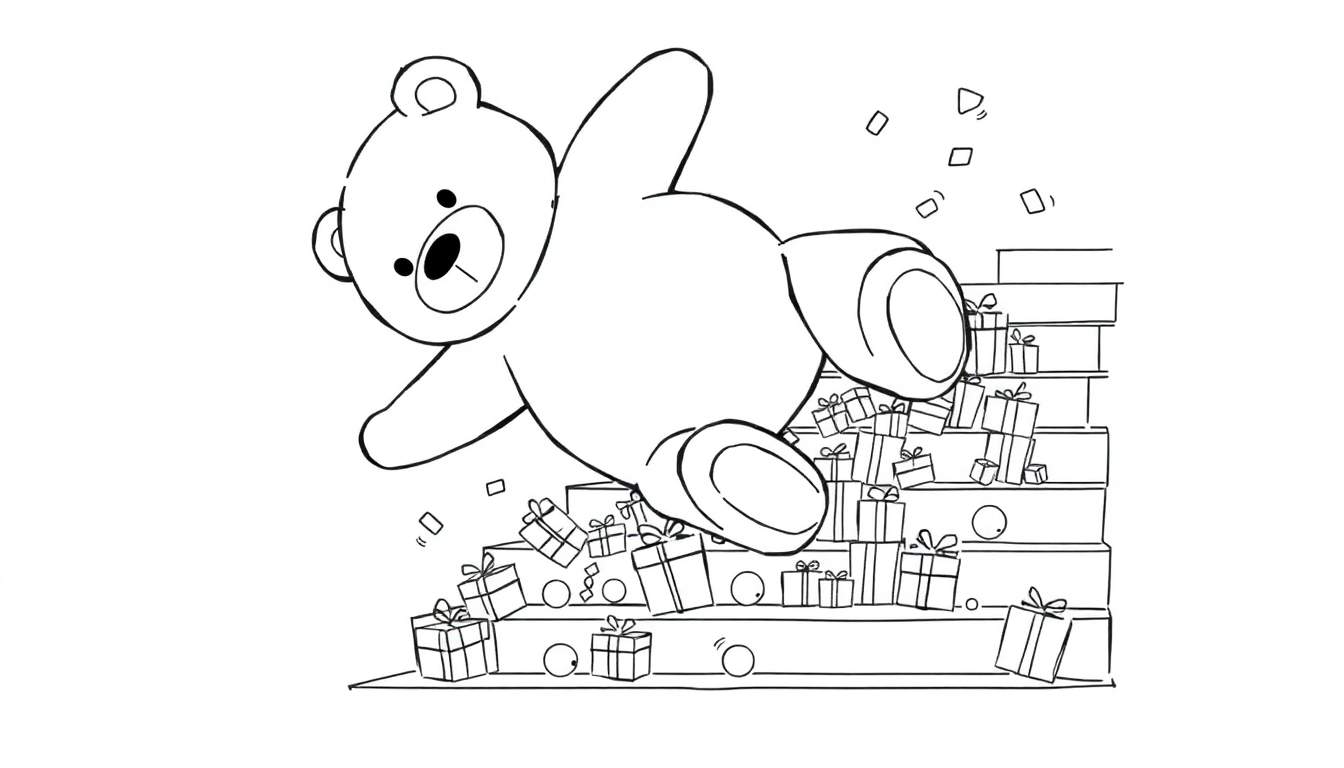 Página para colorear de un oso de peluche cayendo entre escaleras y cajas de regalo, con confeti en el aire.