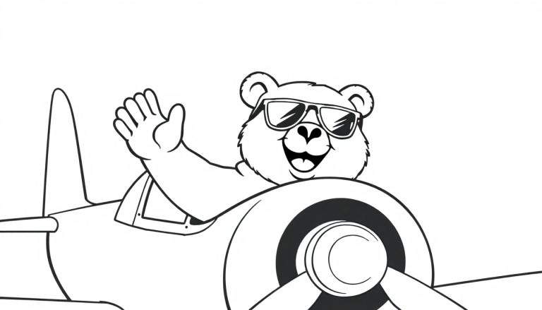 Dibujo a blanco y negro de un oso sonriente con gafas de sol saludando desde la cabina de un avión, listo para colorear.