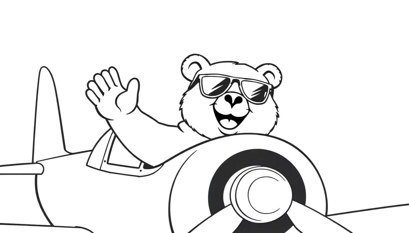 Dibujo a blanco y negro de un oso sonriente con gafas de sol saludando desde la cabina de un avión, listo para colorear.