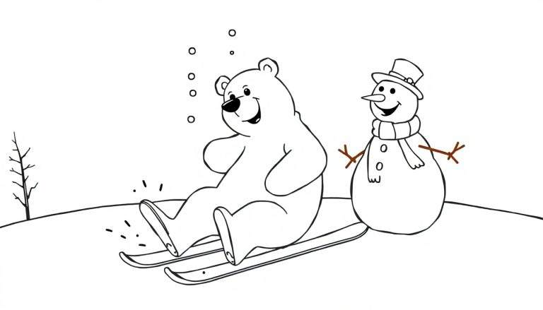 Ilustración para colorear de un oso polar esquiando, con un muñeco de nieve observando, en un paisaje nevado con un árbol.