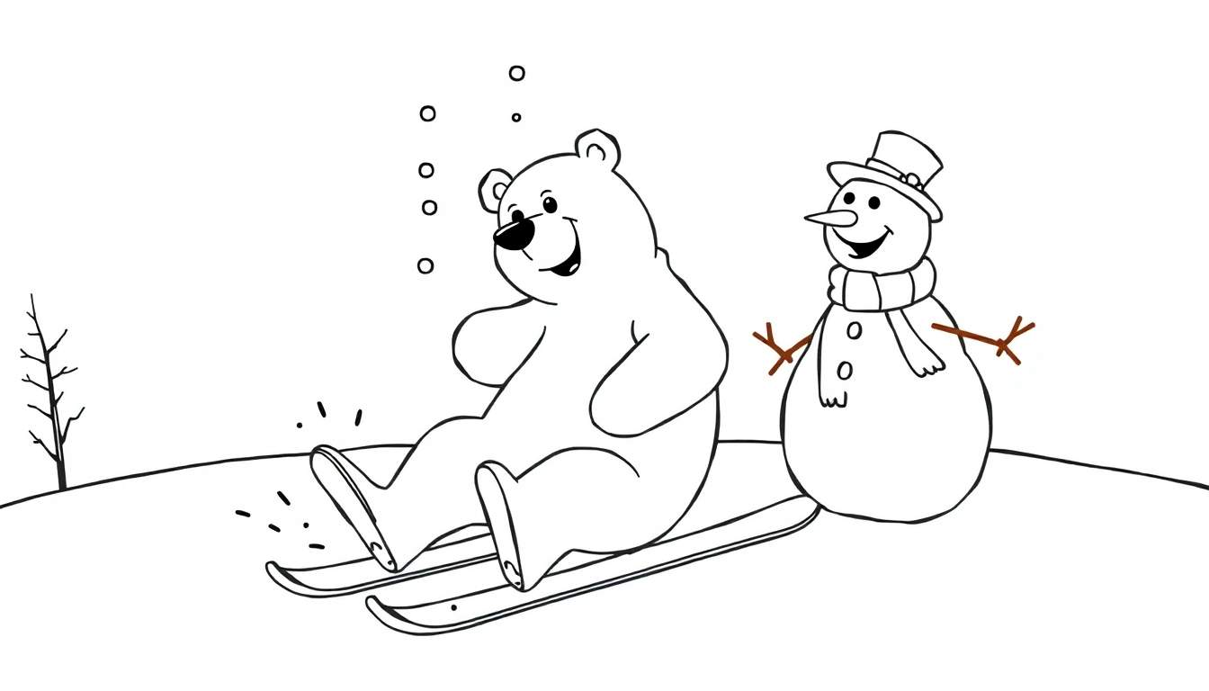 Ilustración para colorear de un oso polar esquiando, con un muñeco de nieve observando, en un paisaje nevado con un árbol.