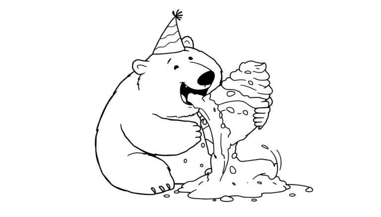 Un dibujo para colorear de un oso polar sonriente usando un gorro de fiesta y comiendo un helado que se está derritiendo y cayendo del cono.